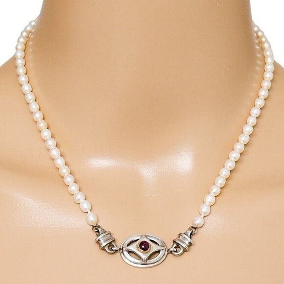 Artisan Sterling Silver & Freshwater Pearl Necklace W Garnet Centerpiece 18” - Picture 1 of 7